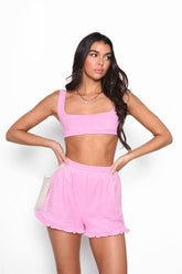 Pink Frill Hem Towelling Shorts