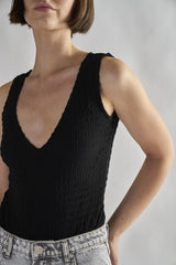 Black-Textured V Neck Ribbed Bodysuit