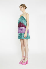 Pink Teal Purple Tinsel Fringe Halterneck Mini-Dress