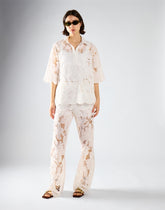 White Embroidered Flared High Waisted Trousers