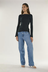 Dark Navy Boat Neck Long Sleeve Top