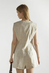 Natural Sleeveless Button Front Vest-Top