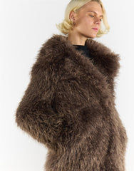 Grey Brown Collared Faux Fur-Coat