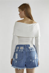 White-Rib Bardot Long-Sleeve Top