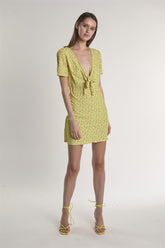 Yellow-Multi-Ditsy V-Neck-Front-Knot Mini-Dress