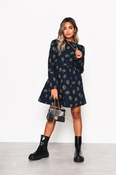 Navy-Bouquet Long Sleeve Mini-Dress