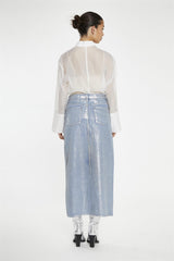 Blue Silver-Foil Denim Midi-Skirt