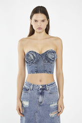 Heavy-Vintage Wash Denim Corsage Crop-Top