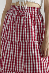 Cherry Red Gingham Pleated Midi-Skirt