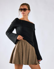 Light Brown Check Pleated Mini Skirt