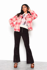 Cream Pink Check Button-Up Collared Jacket