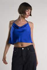 Royal-Blue-Sateen Halter Crop-Top