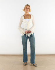 V Neck Sheer Frill Blouse in Cream