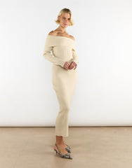 Light-Stone Bardot-Knitted Midi-Dress