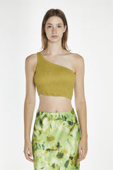 Olive-Green One-Shoulder-Shirred Crop-Top