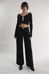 Black Open-Front-Ribbed Crop-Top