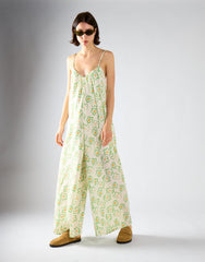 White Green Multi Daisy V-Neck Jumpsuit