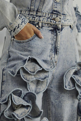 Acid Wash Flower Flared Jeans