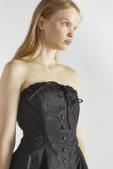 Black Cotton Bandeau Pleated Mini-Dress