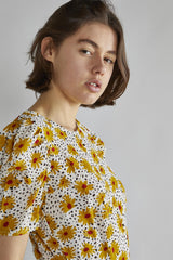 Yellow-Floral-Black-Dot Short-Sleeve Midi-Dress