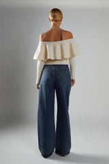 Dark-Stonewash Wide-Leg Studded-Jeans