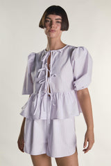 Light Pink Stripe Tie Front Puff Sleeve Top
