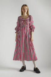 Cherry-Red-Gingham Front-Tie-V-Neck Midaxi-Dress