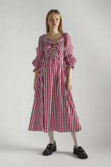 Cherry-Red-Gingham Front-Tie-V-Neck Midaxi-Dress