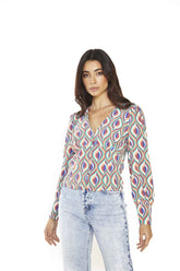 Multi Geo Swirl V Neck Top with Button Details