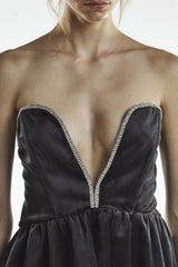 Black Plunge Rhinestone Trim Mini-Dress