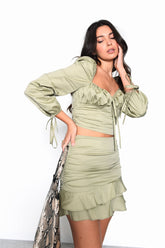 Pale Khaki Ruched Top with Full Length Puff Sleeves