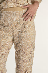 Sand Embroidered High Waisted Flared Trousers