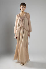 Nude Crinkle Long Sleeve Ruffle Maxi Dress