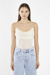 Nude-Mesh Cowl-Neck Bodysuit