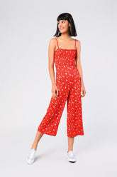 Red Ditsy-Flower Shirred Jumpsuit