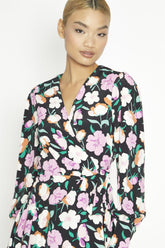 Black-Lilac Floral Wrap Mini-Dress