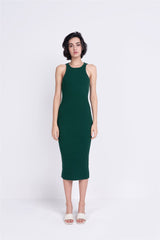Forest-Green Round-Neck Midi-Dresses