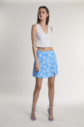 Blue-Scribble-Daisy Side-Slit Mini-Skirt