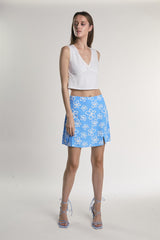 Blue-Scribble-Daisy Side-Slit Mini-Skirt