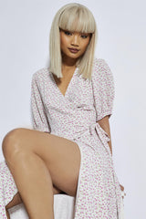 Pink Mini Vintage-Rose Midi Wrap-Dress