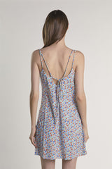 Blue-Red-Ditsy Cowl-Neck Mini-Dress