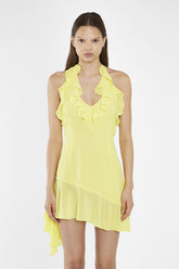 Neon-Yellow Ruffle Halterneck Mini-Dress
