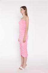 Sugar-Pink Strapless Ruched Midi-Dress