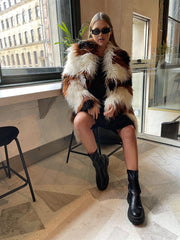 Cream-Brown Spot Faux-Fur Coat