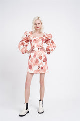 Cream-Apricot-Rose Long-Puff-Sleeve Mini-Dress