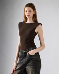 Deep Brown Boat Neck Bodysuit With Shoulder Pads