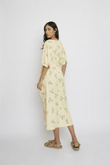 Yellow-Pink-Rose V-Neck-Wrap Midi-Dress