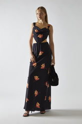 Black-Orange Flower Hanky-Hem Tie-Back Crop-Top