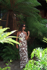 Natural-Brown-Swirl Split-Leg Maxi-Dress