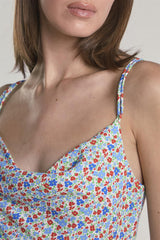 Blue-Red-Ditsy Cowl-Neck Mini-Dress